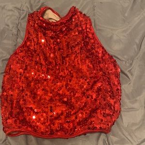 Sequin majorette top, black leotard and red undertop